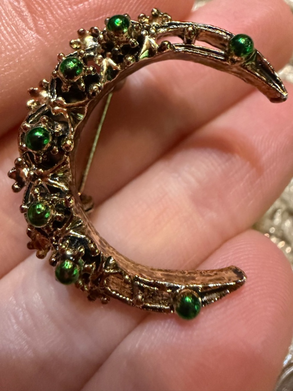 Vintage Gold Tone Crescent Moon Brooch Green Cabochon Rhinestone Celestial Pin